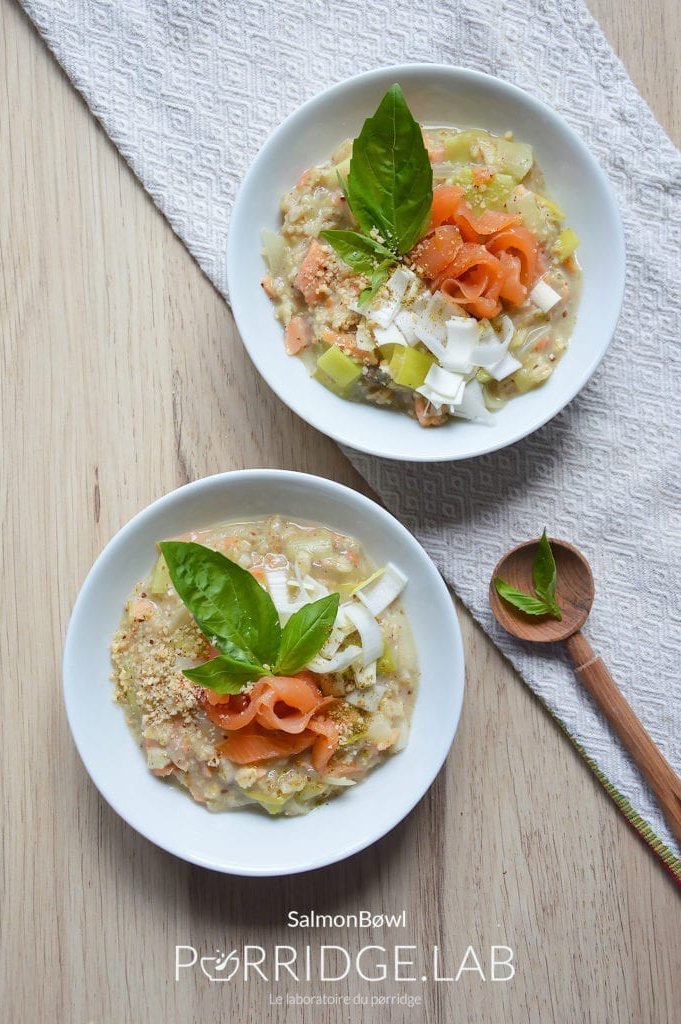 Porridge salé aux poireaux et saumon